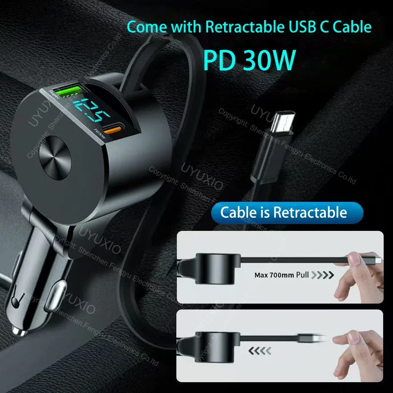 Ładowarka samochodowa USB C 65 W Super szybkie ładowanie z wyświetlaczem napięcia PD 30 W zwijany kabel typu C do iPhone'a 16 Pro Max 15 Samsung — zdjęcie produktu 2