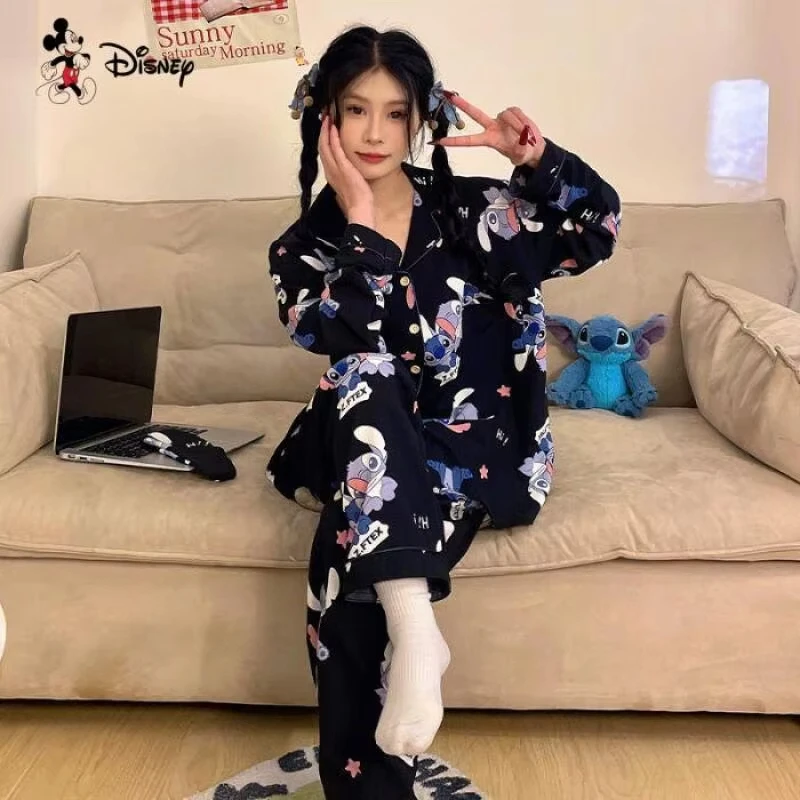 

Anime Tops and Pants Stitch Spring Autumn Long Sleeved Pajamas Set Sweet Cartoon Print Women's Trousers Home Wear New Fashion
