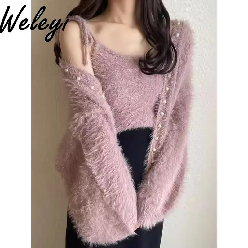 Autumn Japanese Sweet Knitted 2 Pieces Suit 2024 New Woman Plush Pearl Decorative Knit Cardigans and Sleeveless Lace-up Vest