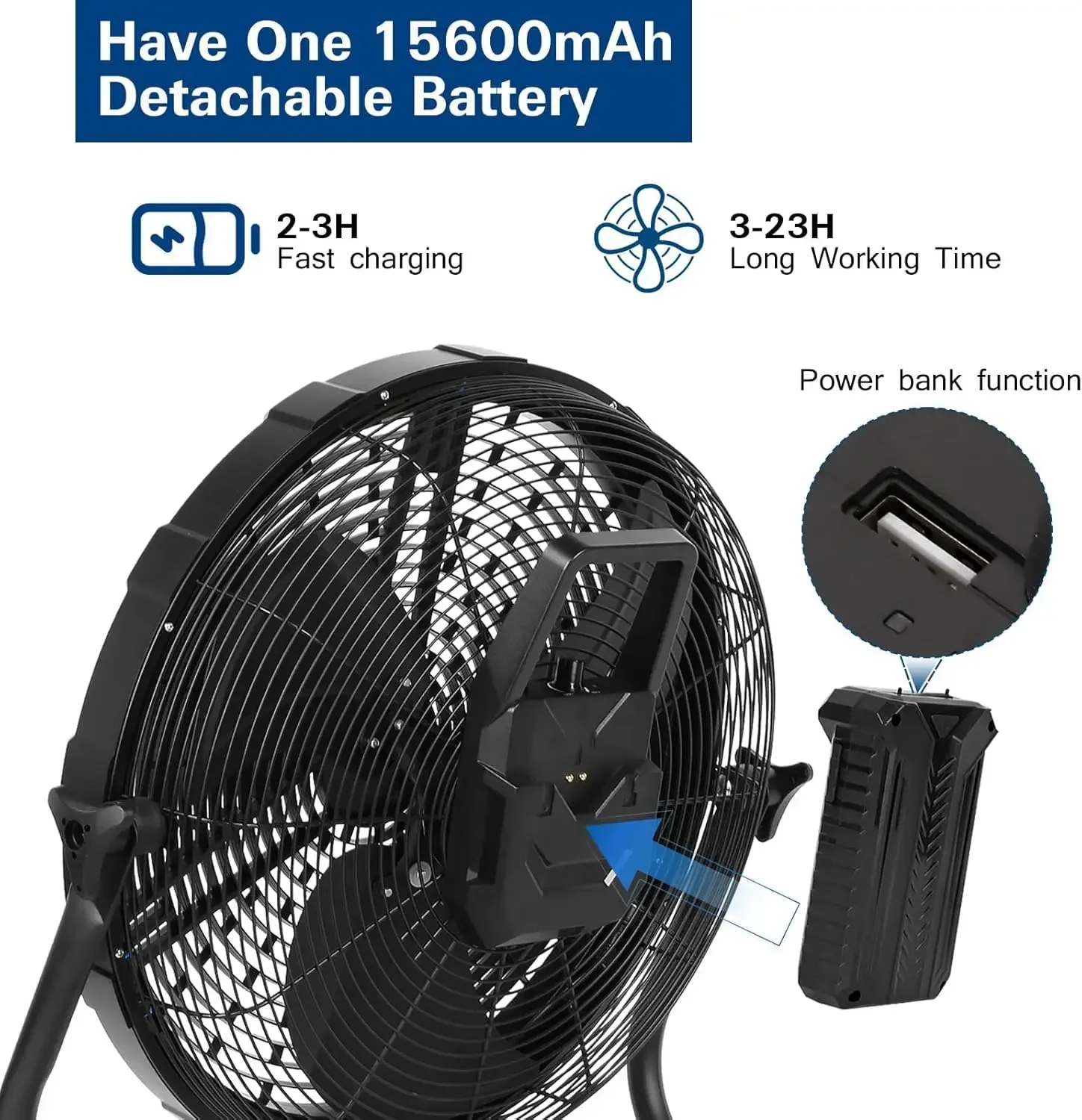 พัดลมไอน้ําแบบพกพากลางแจ้งขนาด 16 นิ้ว พัดลมไอน้ําที่ใช้แบตเตอรี่พร้อมแบตเตอรี่ที่ถอดออกได้ 15600mAh และฟังก์ชั่นหมอก ภายนอก
