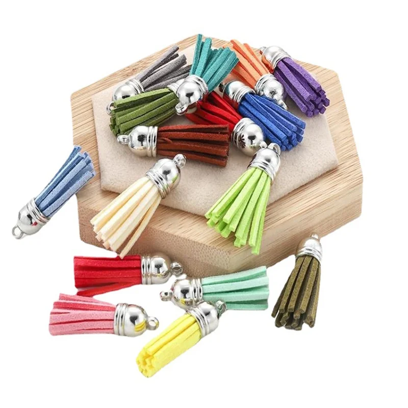 10pcs/20pcs 36mm Leather Tassel Charms Silver Color Cap Earring Keychain Pendant Straps Suede Tassels Diy Jewelry Accessories