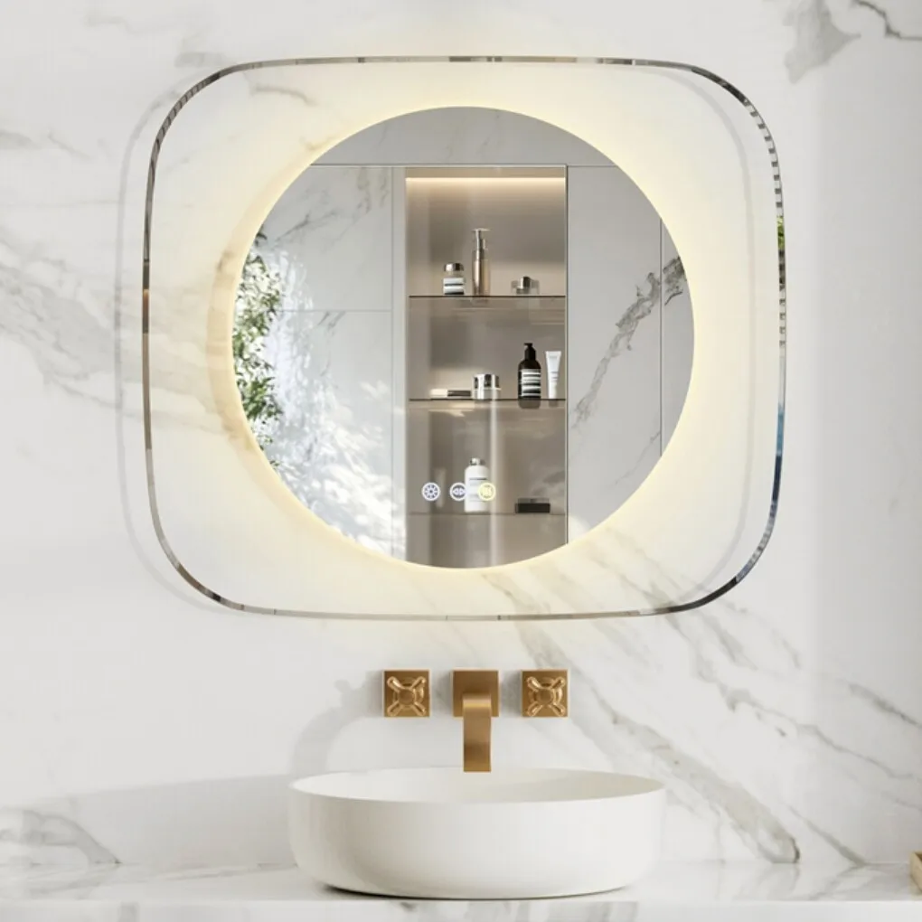 مرآة حمام LED مقاس 80 × 70 سم، مرآة حمام مضاءة فريدة من نوعها مع إضاءة خلفية بحواف زجاجية شفافة، مزيل الضباب، درجة حرارة 3 ألوان