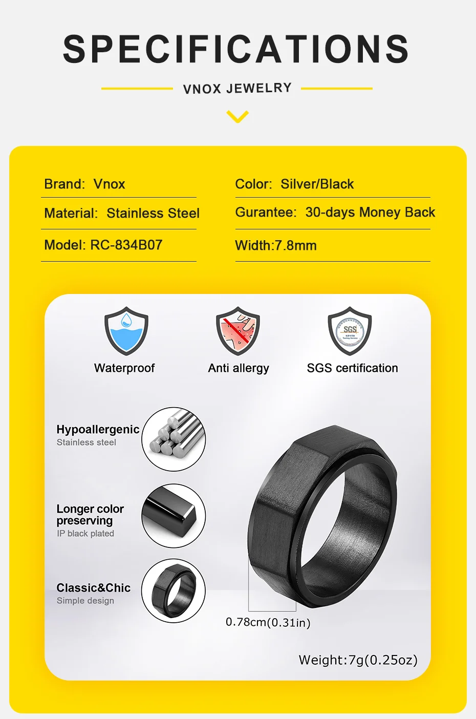 Vnox Geometrischer Spinnerring, Größe 7–11, 7,8 mm, Bandbreite, schwarz, silberfarben, Edelstahl, Schmuck, Geschenke für Männer, Freund, ihn – Detail 5