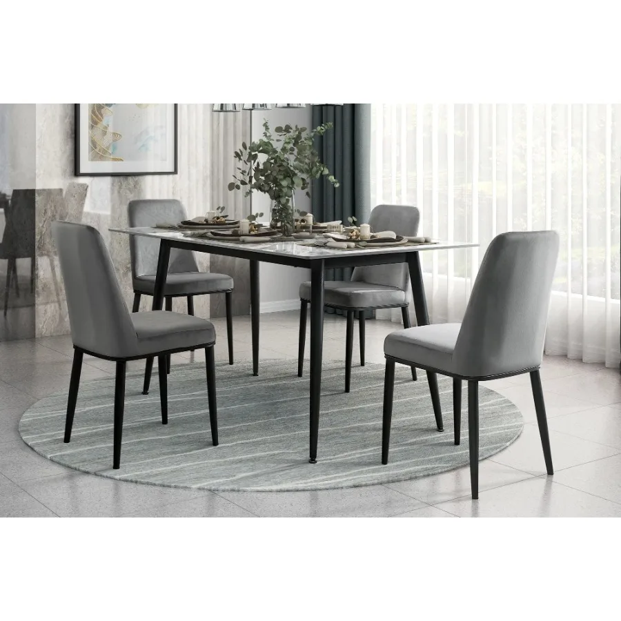 Contemporary Sleek Design 5pc Dining Table Gray Velvet Chairs Sintered Stone Top Metal Legs Dining Furniture