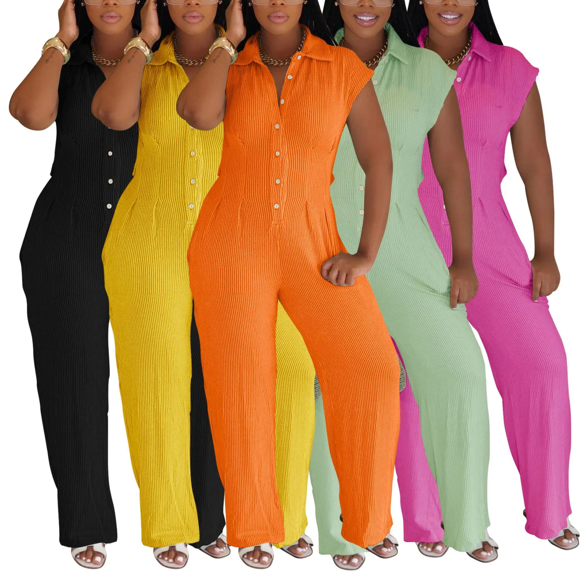 

Beautiful Jumpsuit Striped Sleeveless Lapel Neck Slim Fit Shirt Collar Straight Leg Pants Casual Buttons Loose Party Rompers