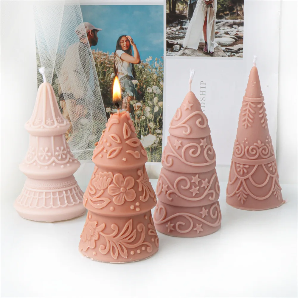 

New Christmas Star Flower Relief Pattern Cone-shaped Christmas Tree Candle Silicone Mold Scented Candle Gypsum Mould X-mas Decor