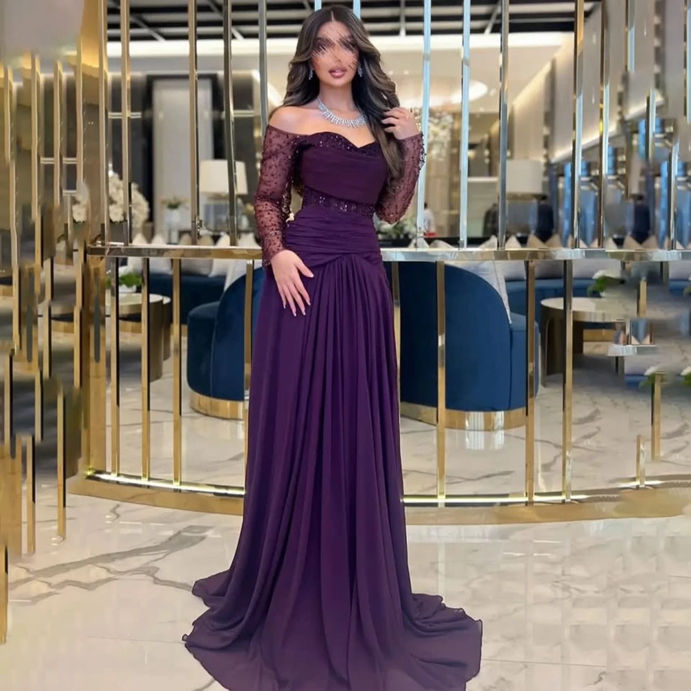 Abiti da sera viola per donna con spalle scoperte maniche lunghe con paillettes Una linea di abiti da festa lunghi formali in chiffon personalizzati
