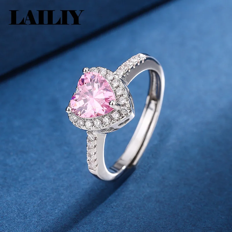 Women's 925 Sterling Silver Adjustable Pink Heart Diamond Ring