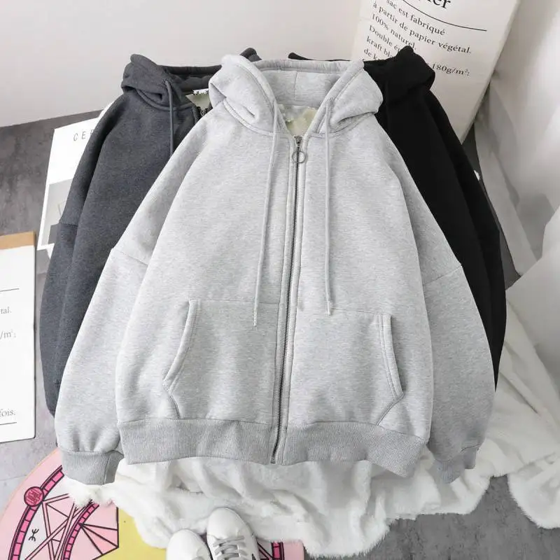 Solid Oversized Hoodie Zipper Woman Clothes Winter Plus Velvet Loose All-match Coat Casual Women\'s Sweatshirt Couple Clothes