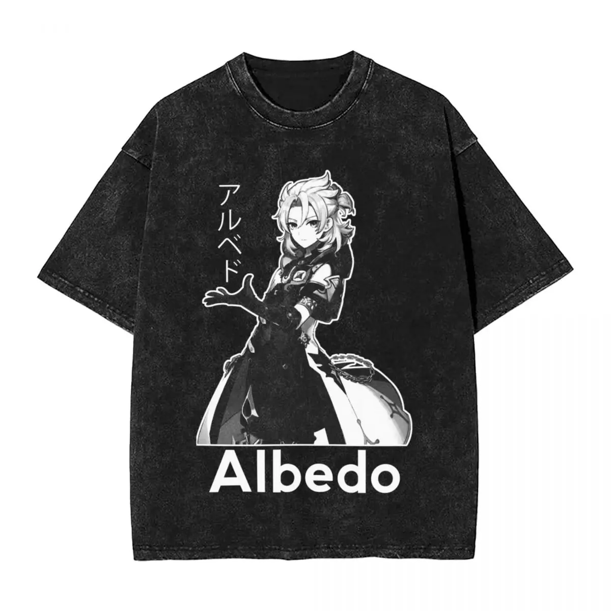 Humor Albedo Genshin Impact woman Men Streetwear Washed T-Shirt Hot stamping Print Tees, Cotton Tshirt Summer Short Sleeve Tees