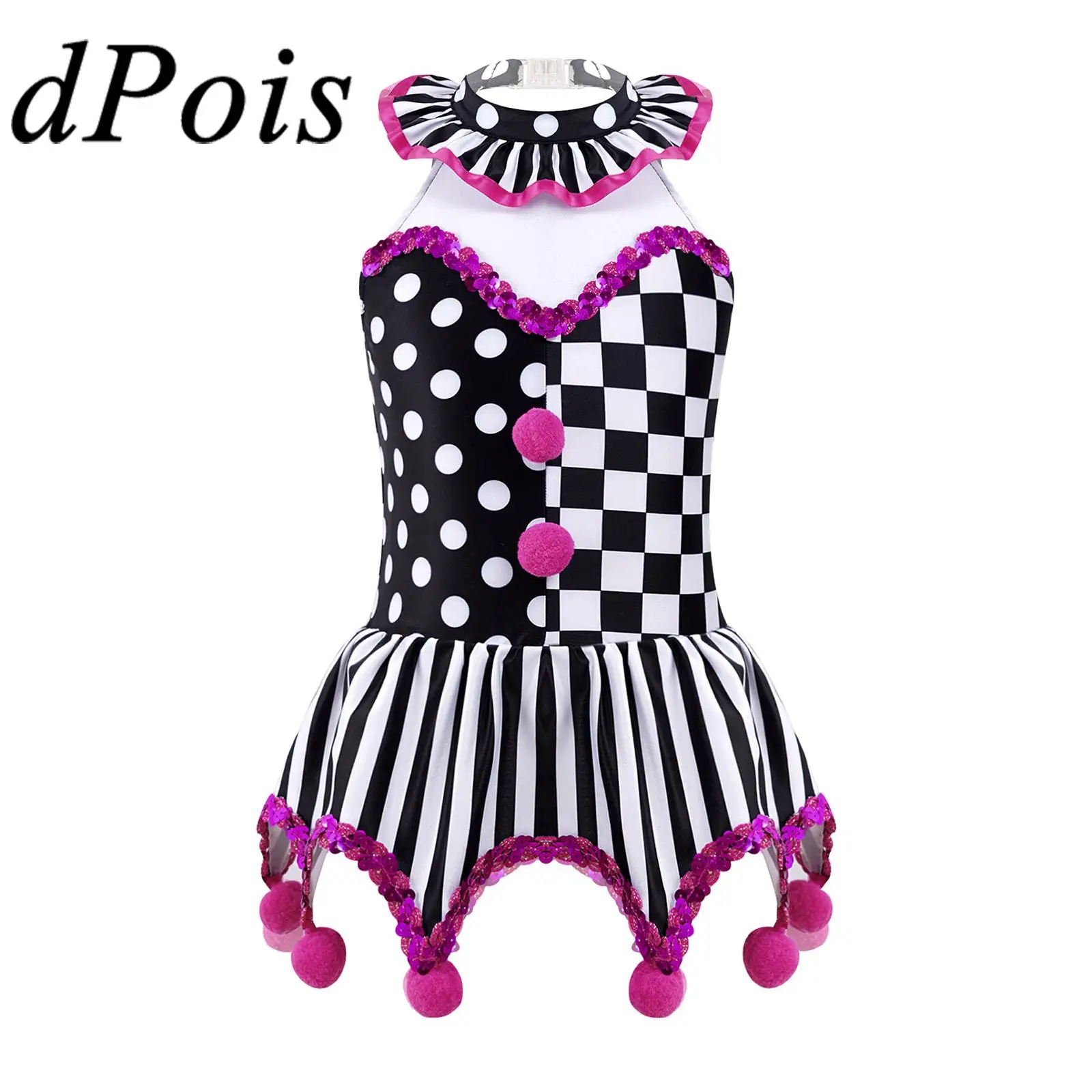 

Kids Girls Cosplay Circus Clown Joker Costume Halloween Role Play Party Dressy Black & White Grid Pompoms Adorned Leotard Dress