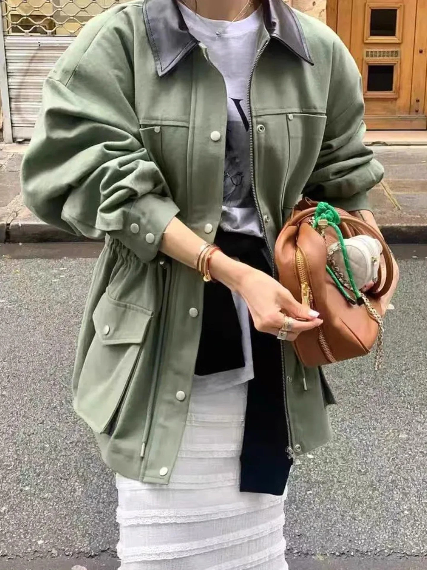 Retro PU Leather Workwear Jacket Women's Drawstring Waist Multi-Pocket Coat Korean Style Loose Fit Long Sleeve Zipper Closure