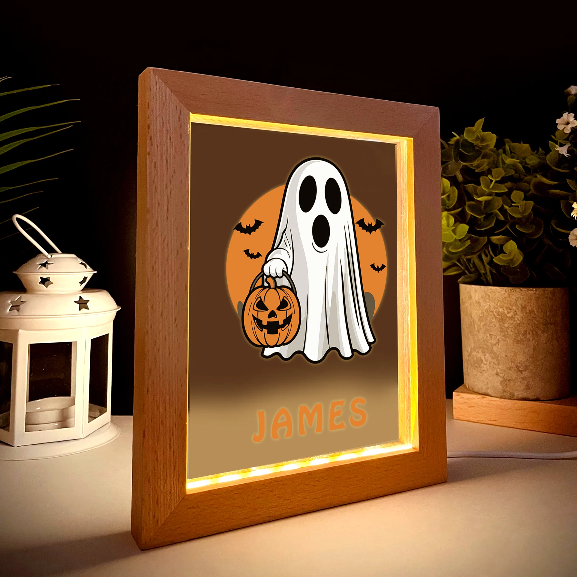 2D плоское индивидуальное имя призрак Джек-фонарь светодиодный акриловый ночник деревянная фоторамка 21x17 см подарки для спальни на Хэллоуин домашний декор