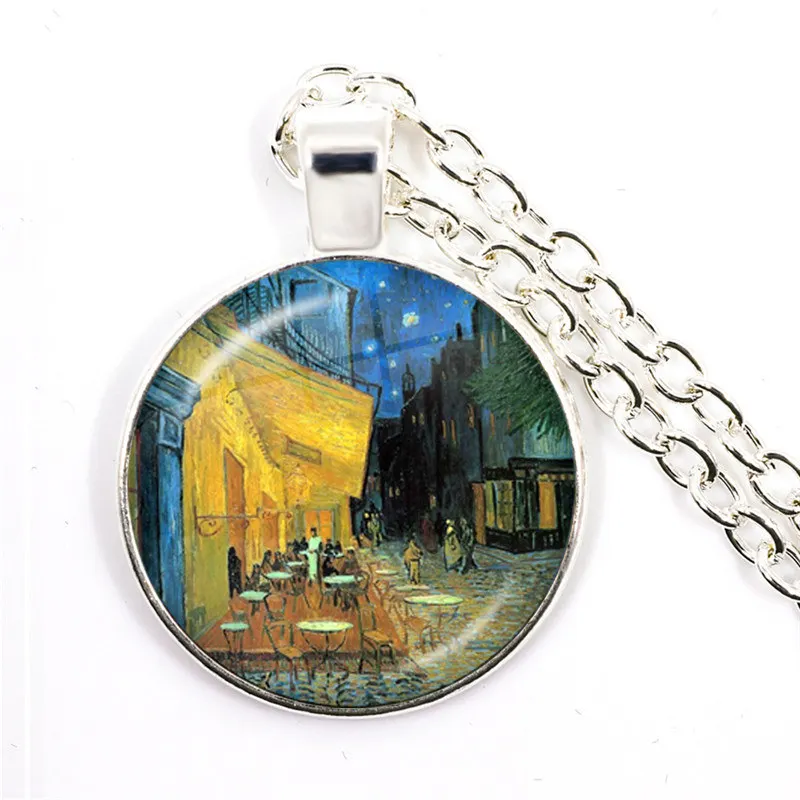 Fashion Van Gogh Art Starry Night Sunflower Necklace 25mm Glass Cabochon Dome Pendant Jewelry For Women Girls Gift