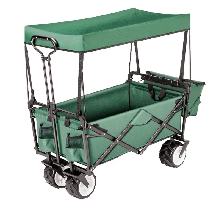 

Folding Collapsible Wagon Utility Outdoor Camping Beach Cart w/Removable Canopy & Universal Wide Wheels & Adjustable Handle