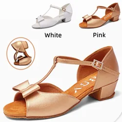 New Pink White Satin Bow Girls Children/Child/Kids Ballroom Tango Salsa Latin Dance Shoes Low Heel Shoes 3.5CM