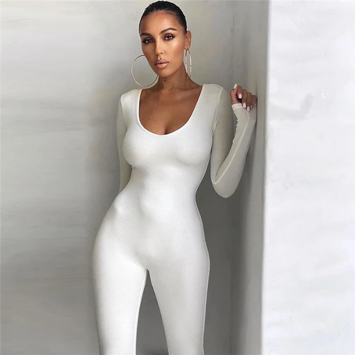 

High-Waist Long-Sve Color Fitn Bodysuit Jumpsuit Women's Sportswear Street Sle Diamond Embellied Cotton Long ...