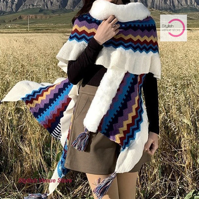

French national wind thickened tourist warm fur collar cloak shawl women's winter new knitted cloak casual fringed scarf.