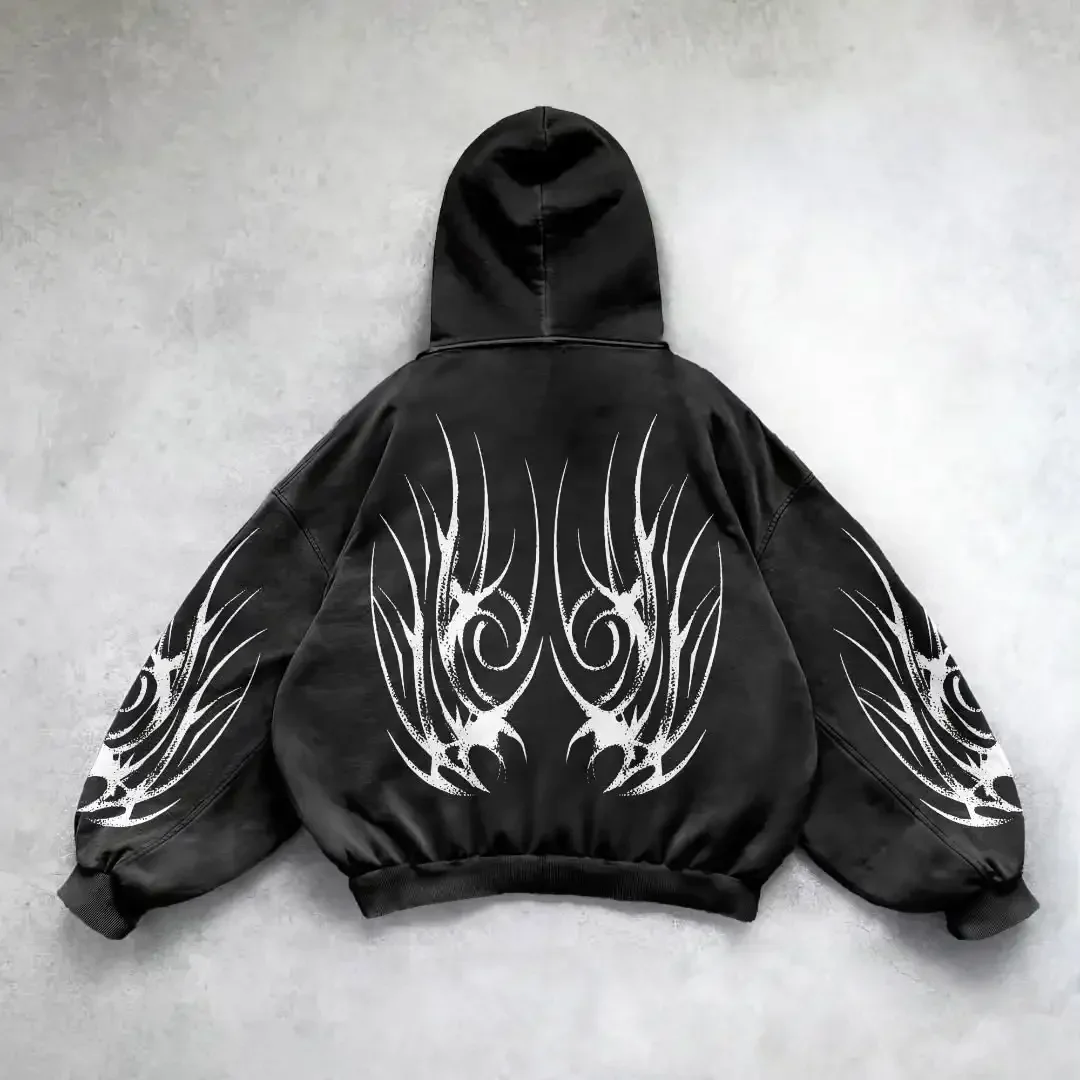 Hip-Hop-Herren-Reißverschluss-Hoodie Schwarz Grau 3D-Dunkelprint-Muster Y2k Gothic Harajuku Herbst Lockerer Modischer Persönlicher Street-Hoodie – Detail 7