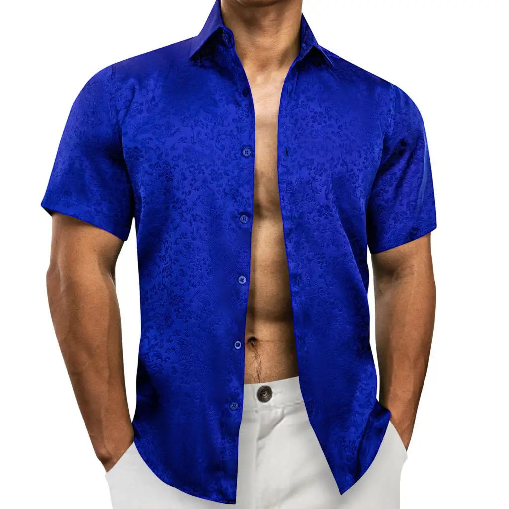 Barry Wang Short Sleeve Shirts for Men Silk Blue Red Gold Black Green Pink Paisley Flower Slim Fit Casual Male Tops Blouess