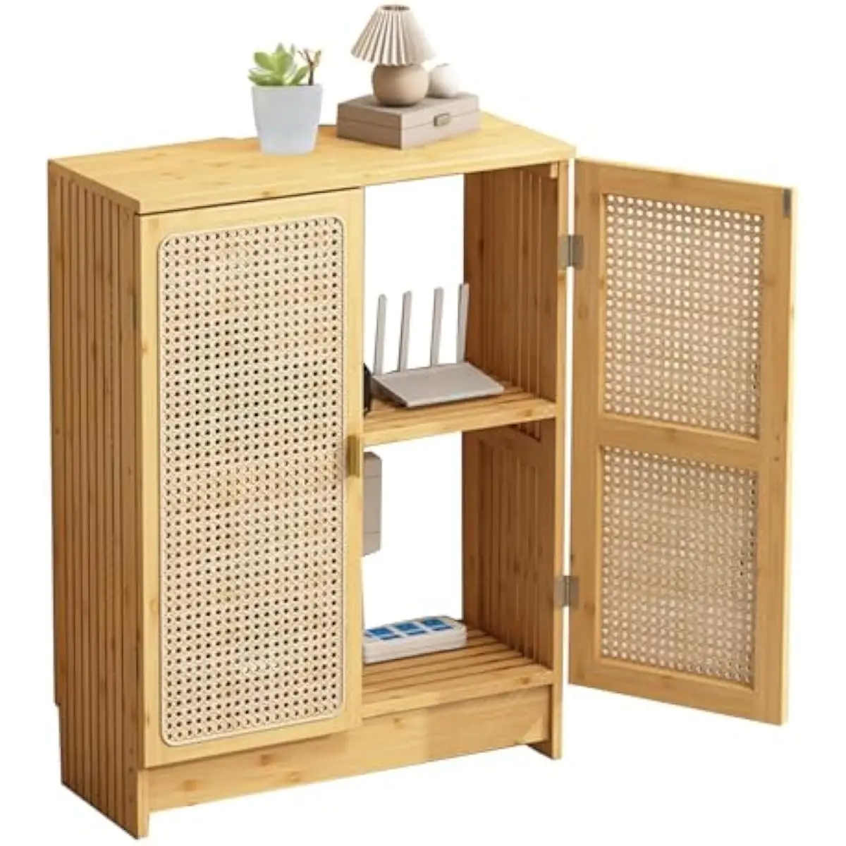 Bamboo and Rattan Floor Cabinet with Open-Back Design Adjustable Interior Shelves Modern Minimalist Media Storage Unit for Route