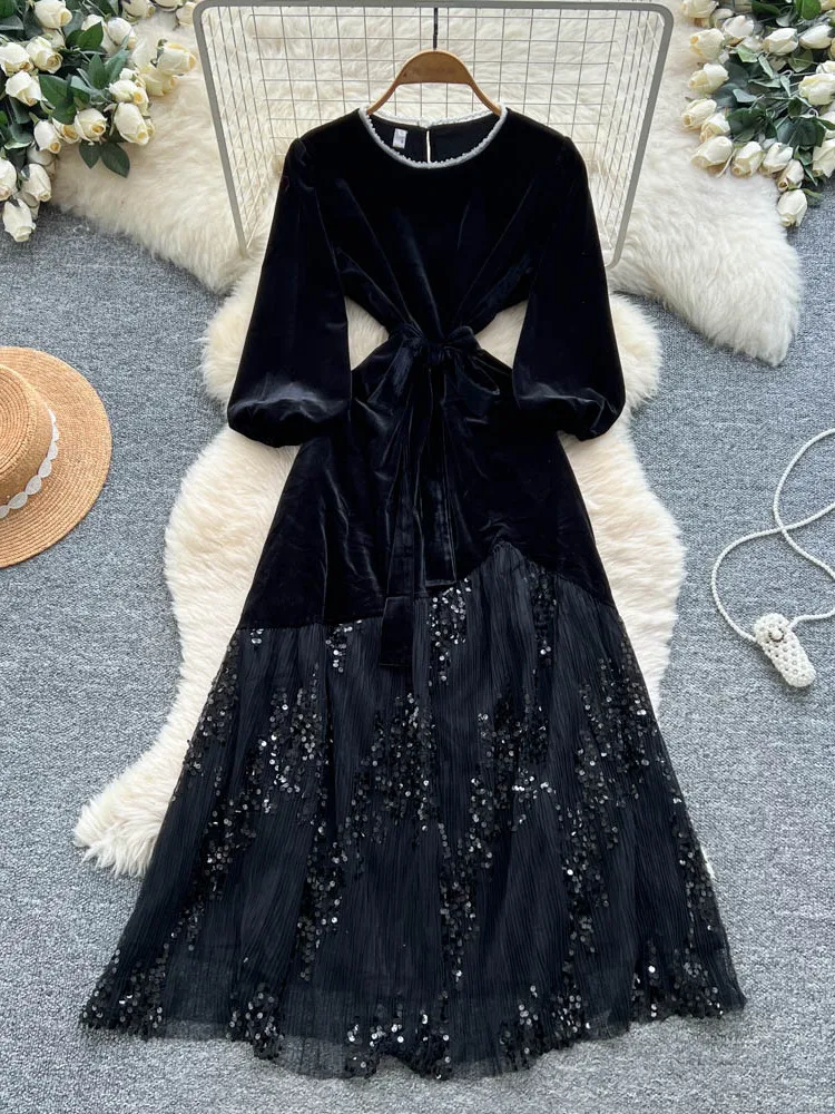   Abito lungo in velluto con paillettes Me Wrap Vita lunga Sve rotondo Ne per donna Ricamo pesante A-Line Estate Ci Pendolarismo Dr