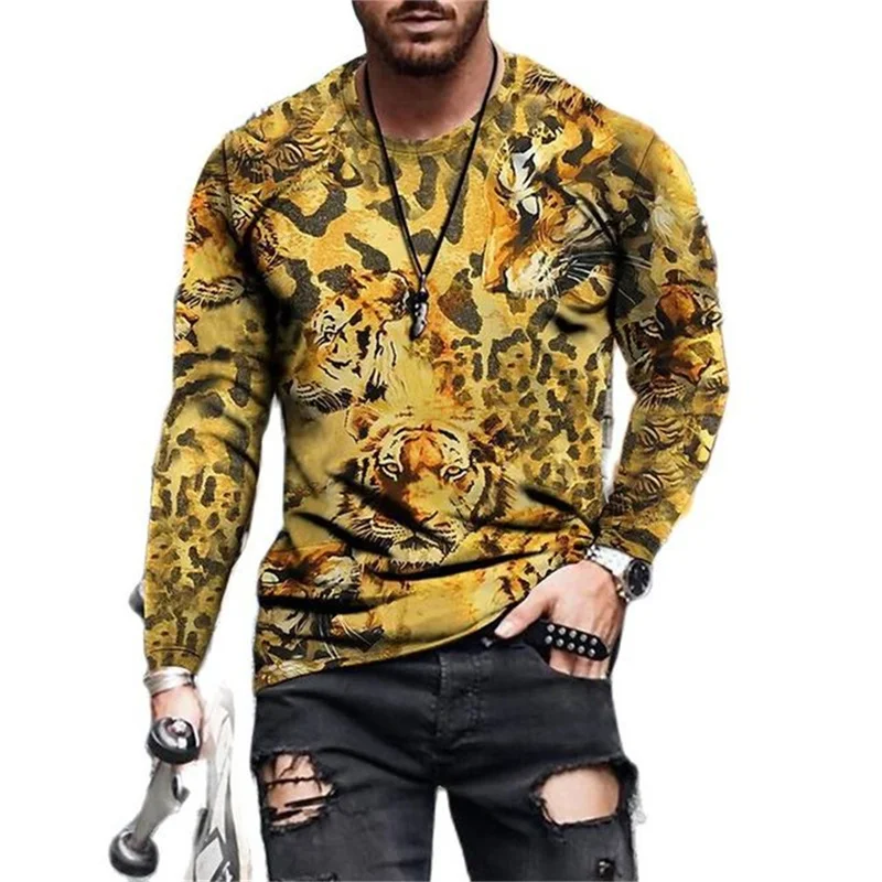 3D Printed Tiger Pattern T Shirts Men O Neck Long Sleeve Casual Fashion T-shirt Top Sweatshirt Breathable Streetwear Loose Tees