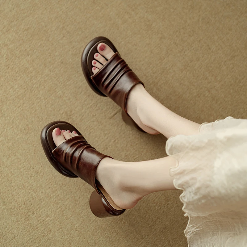 

Fashion Women Elegant Mules Shoes Chunky heels Genuine Leather Casual Slippers Office Sexy Sandals Office Dress Size 34-40
