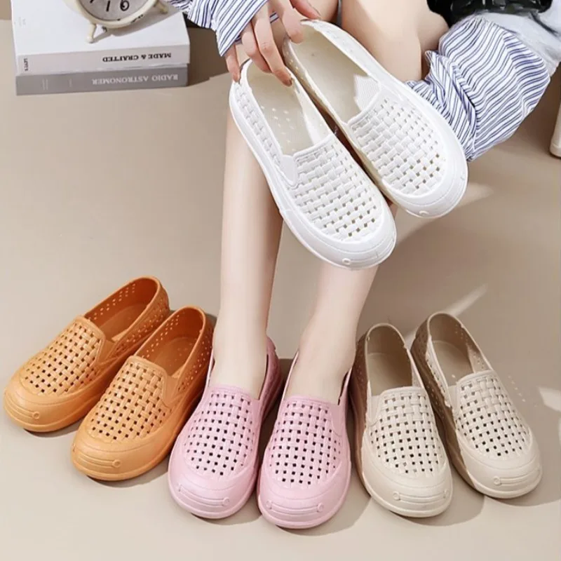 Women Mesh Sandals Summer New Fashion Women Slip on Hollow Solid Comfortable Mesh Soft Sole Breathable Thick Sole Beach Sandals