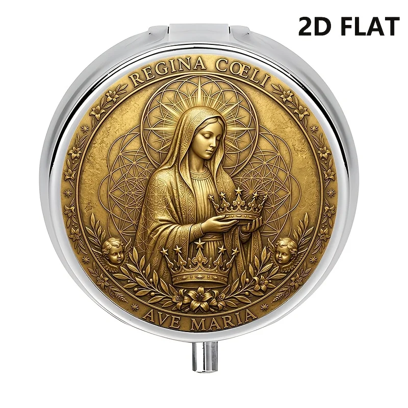 Single-piece, flat, round three-compartment pill box, religious art circular pattern design, vitamin storage box, nature-inspired design, can be used as an exquisite gift or birthday present, made of metal