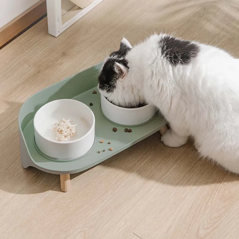 Double ceramic bowl for cat and dog, protect the cervical spine from overturning and splashing grain, water bowl, water bowl