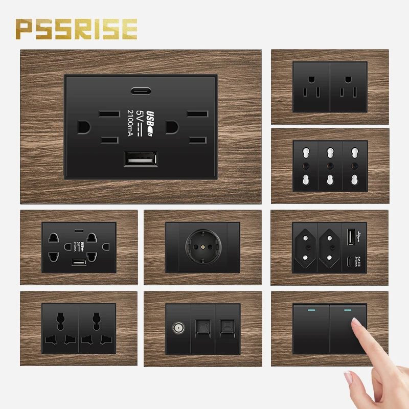 PSSRISE 118 Brazil EU Thai US Wall Power Socket with 5V 2.1A USB Type-c Charger Wood Grain Panel Light Switch TV Computer Outlet