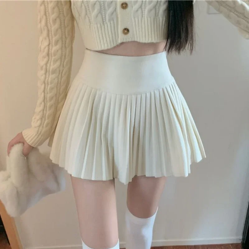 HOUZHOU Elegant Woolen Pleated Mini Skirt Women Cute Autumn Winter 2022 Korean Fashion High Waist Solid A-line Sexy Short Skirts