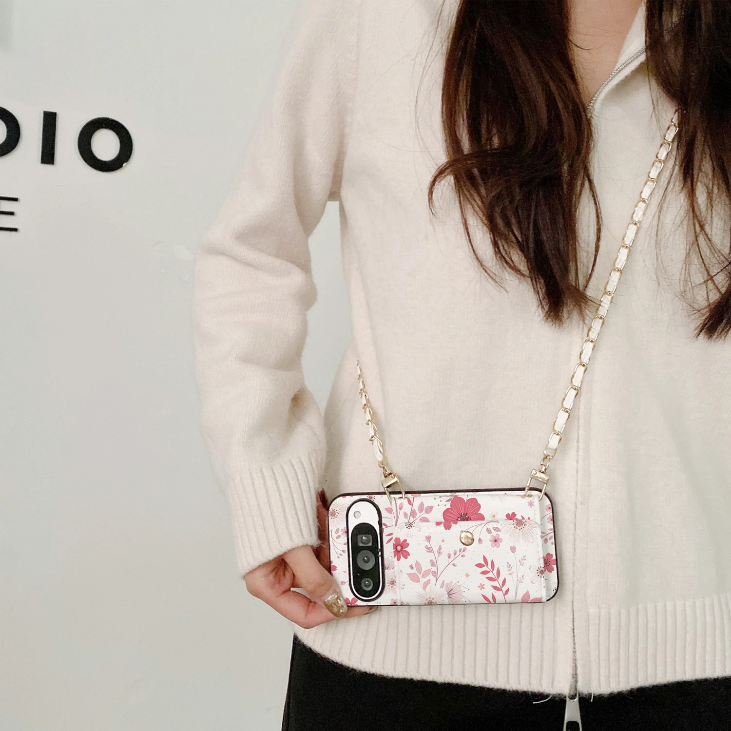 Weiß-rosa florale PU-Leder-Handyhülle für Google Pixel 6 7 8 9a Pixel 9 8 7 6 10 Pro XL mit Kartenfach und Umhängekette