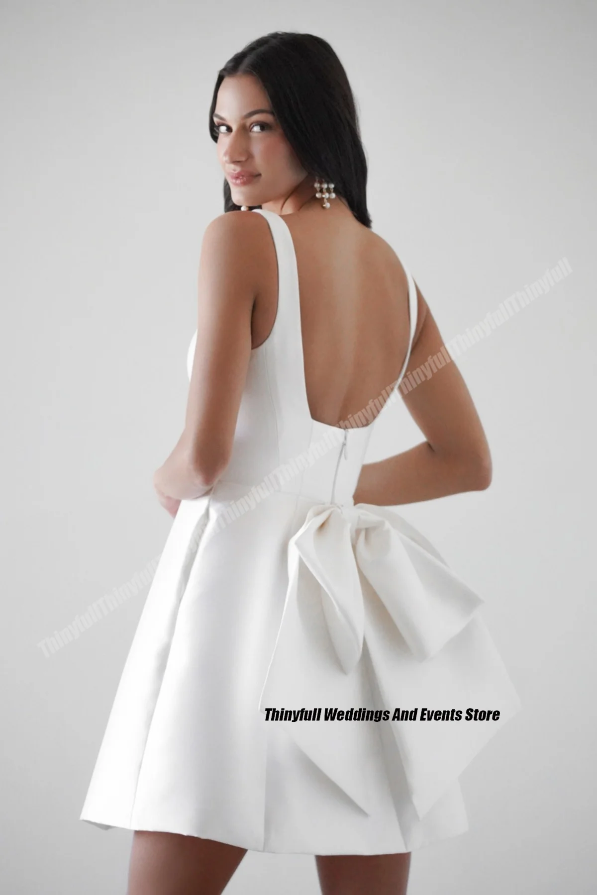 Thinyfull-vestido de novia corto y sencillo para mujer, minivestido de satén con lazo, sin mangas, para playa, 2024