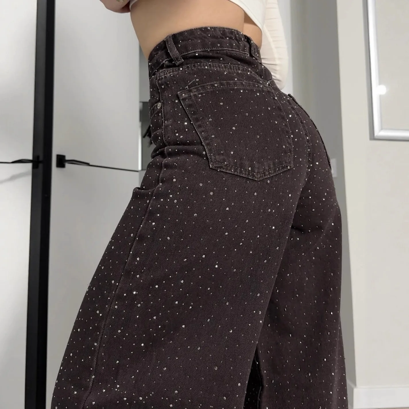 Pants Denim Pant Women Jeans Loose High Waist Straight Vintage Washed Hot Drilling Trousers Y2k Streetwear Lace Up Work Casual