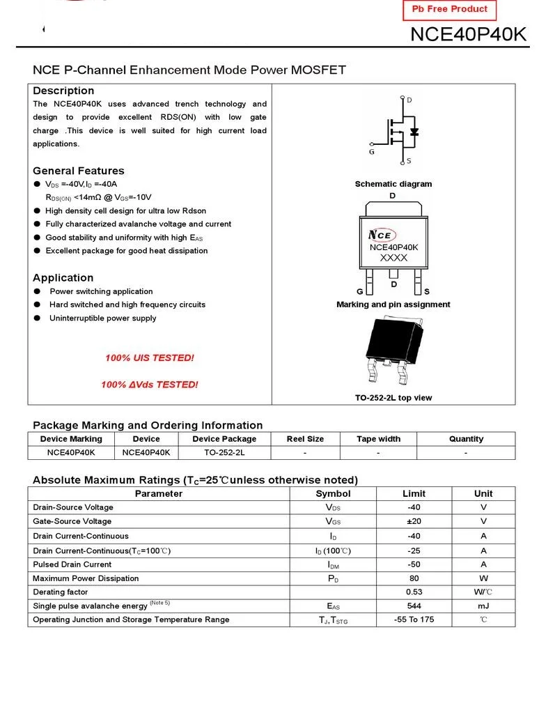 Free Shipping 10PCS NCE40P40K TO-252-2 DPAK MOS NCE P-Channel Enhancement Mode Power MOSFET 40V 40A