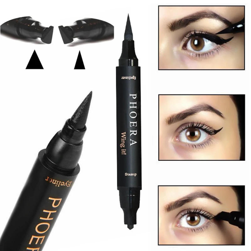 PHOERA 2 In1 Double Liquid Eyeliner Waterproof Quick Dry Smooth Long Last Pencil Big Seal Stamp Eyelash Pen Cosmetics Makeup