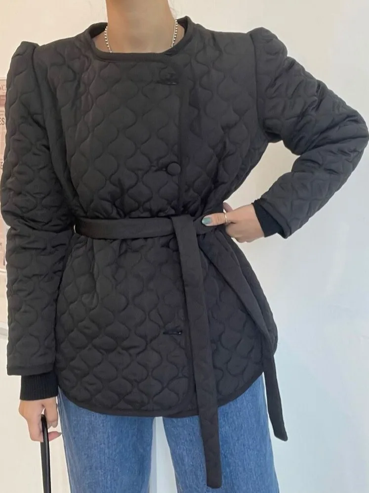 Jaet de algodão retrô feminino redondo ne cintura acolchoada alça de botão único casaco de algodão outono inverno faion simples sle