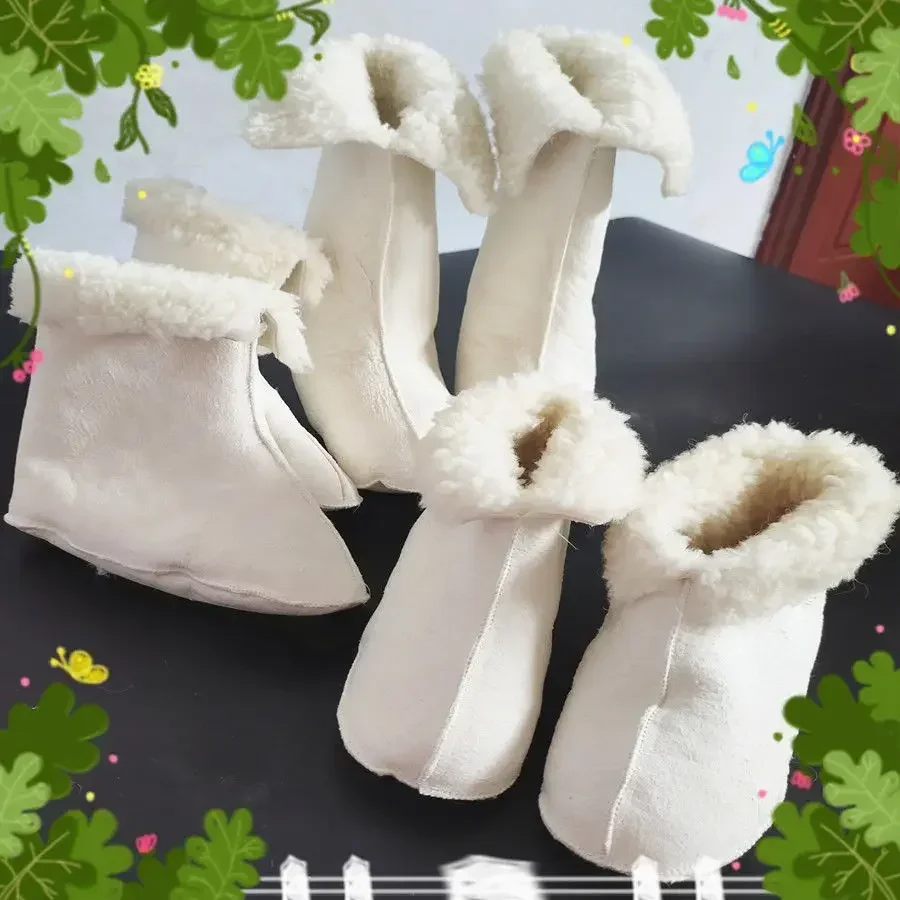 Chaussettes en peau de mouton avec fourrure épaisse, pantoufles d'intérieur en cuir de peau de mouton pour hommes, chaussures en cuir véritable pour femmes, couvre-pieds chauds d'hiver