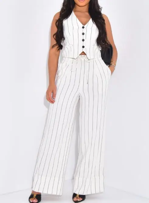 

Two Piece Set Women Outfit 2026 Spring New Fashion Stripe V-Neck Crop Vest & High Waist Pocket Casual Wide Leg Pants Set
