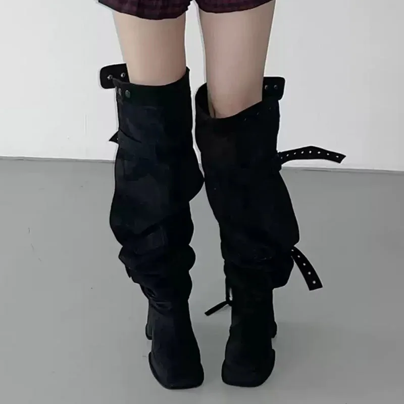 Aneikeh Punk Retro Mode Winter Overknee-Stiefel mit Plateauabsatz, Blockabsatz, Nietenriemen und Schnalle, Damenschuhe