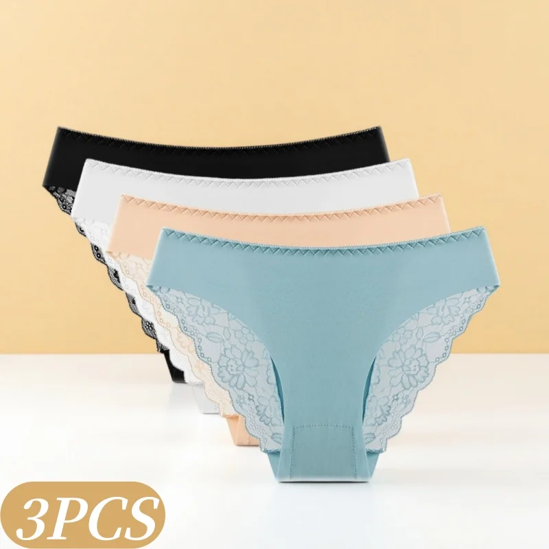 3-teiliges Set Damen-Slips mit Spitzenbesatz Sexy Unterwäsche Niedrige Taille Slips Weiche Spitzen-Patchwork-Dessous M-XXL