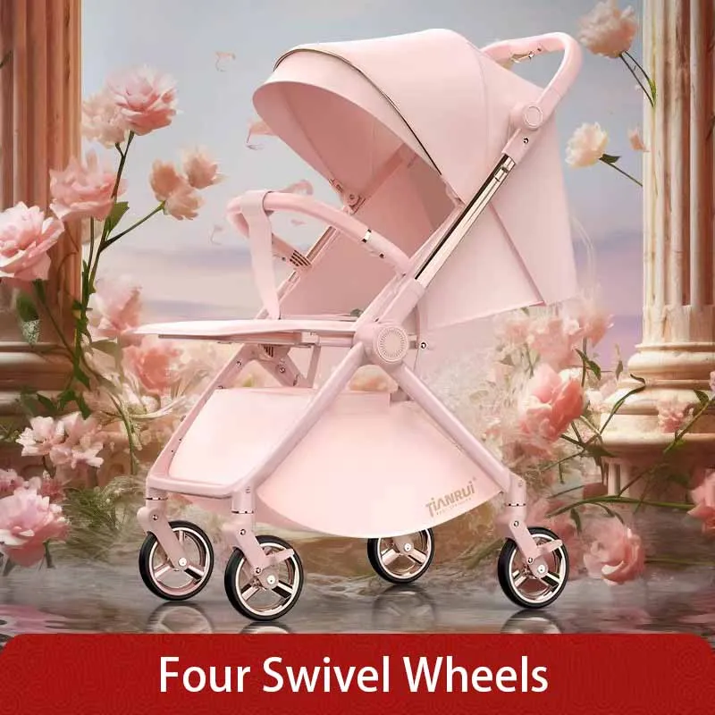 Baby Stroller with Four Swivel Wheels, Convertible Seat (Sitting/Lying) Adjustable Backrest Foldable, Convenient and Lightweight