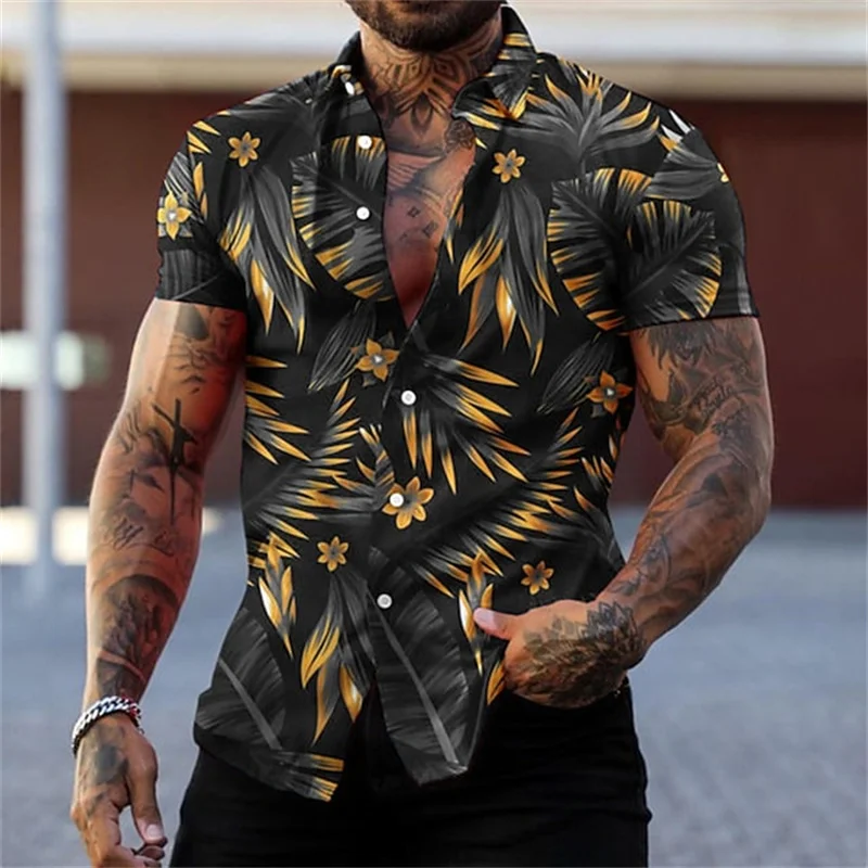 Camisa havaiana com padrão vegetal colorido masculino, floral, folha, impresso em 3D, mangas curtas, tops soltos de lapela, blusa Aloha, blusa