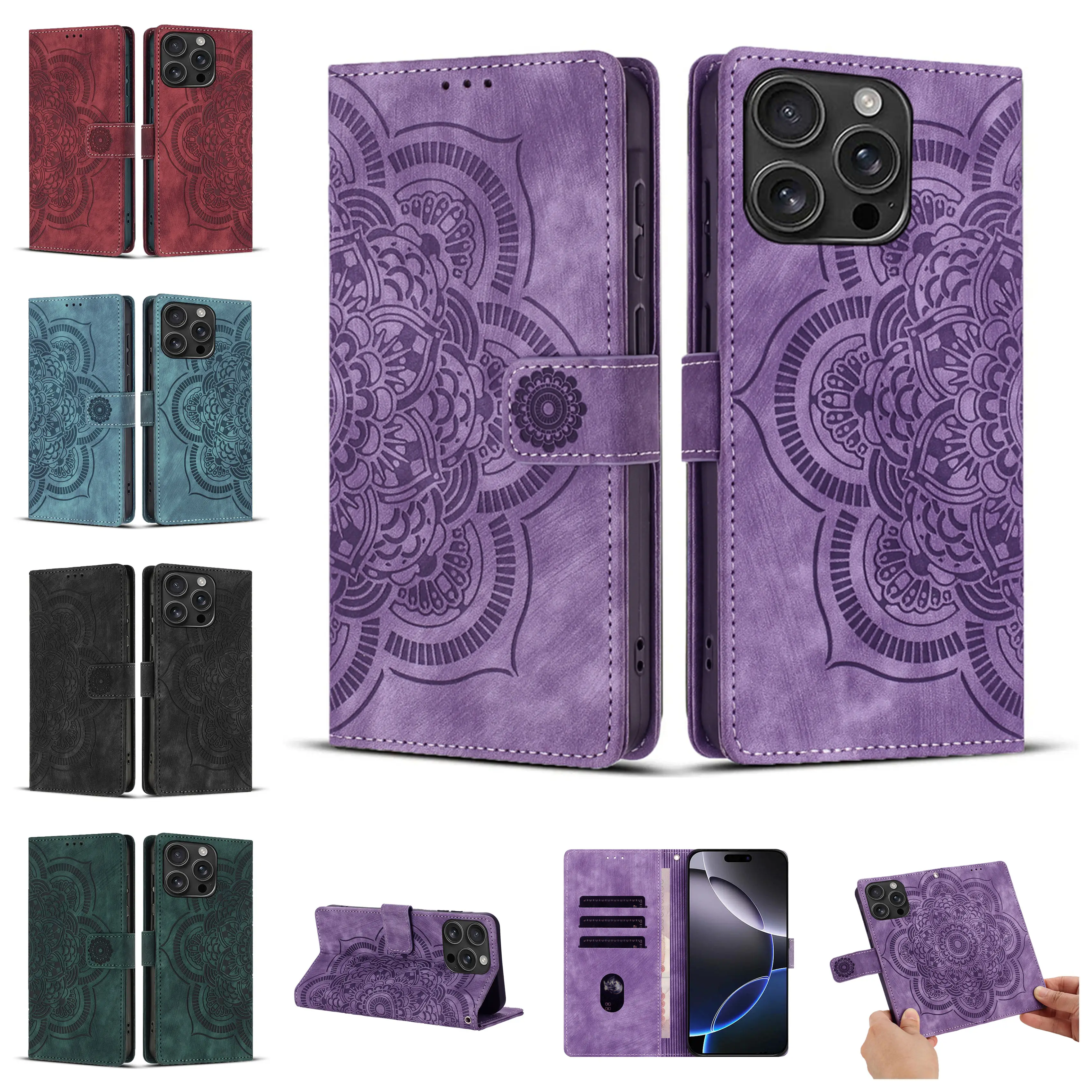 Leder Brieftasche Flip Telefon Fall für IPhone 17 Air 16e 16 15 14 13 12 Mini 11 Pro XS Max 8 7 Plus Abdeckung |   Mandala-Blume mit Prägung