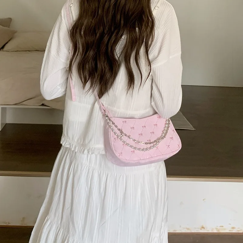 Korean Fashion Pink Bow Baguette Bag New Women Pearl Chain Quilted Shoulder Bag Top Handle Purse Trendy Y2K Casual Commuter