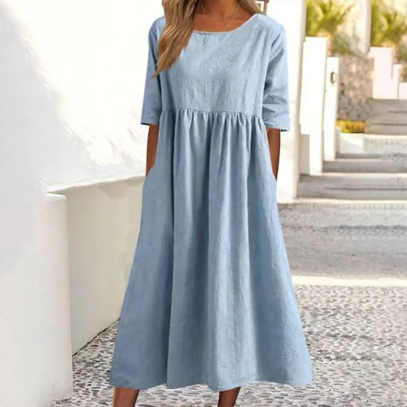 Elegant Dress O-Neck Half Sleeve Cotton Hemp Pleated Dress 2023 New Summer Women\'s Casual Loose Comfortable Vintage Long Dress