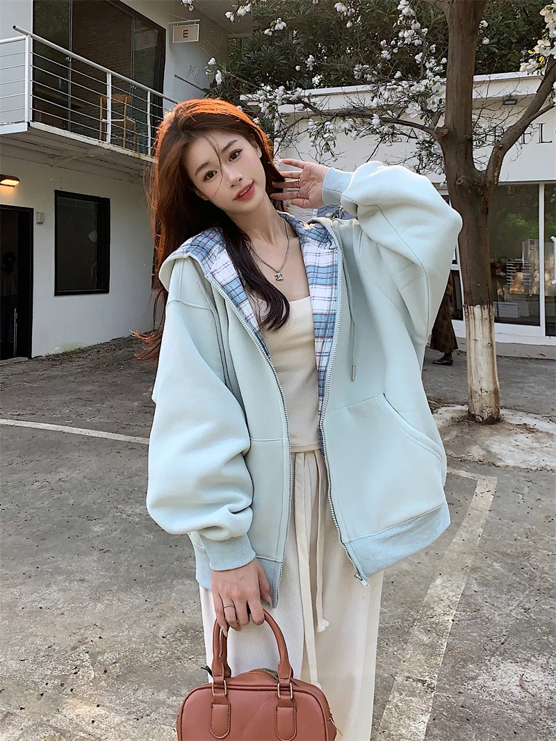 

Off Designed Color Blo Plaid Hoodie Jaet Women's Loose Casual Sle Autumn Korean Version Lazy Faion Sweatirt