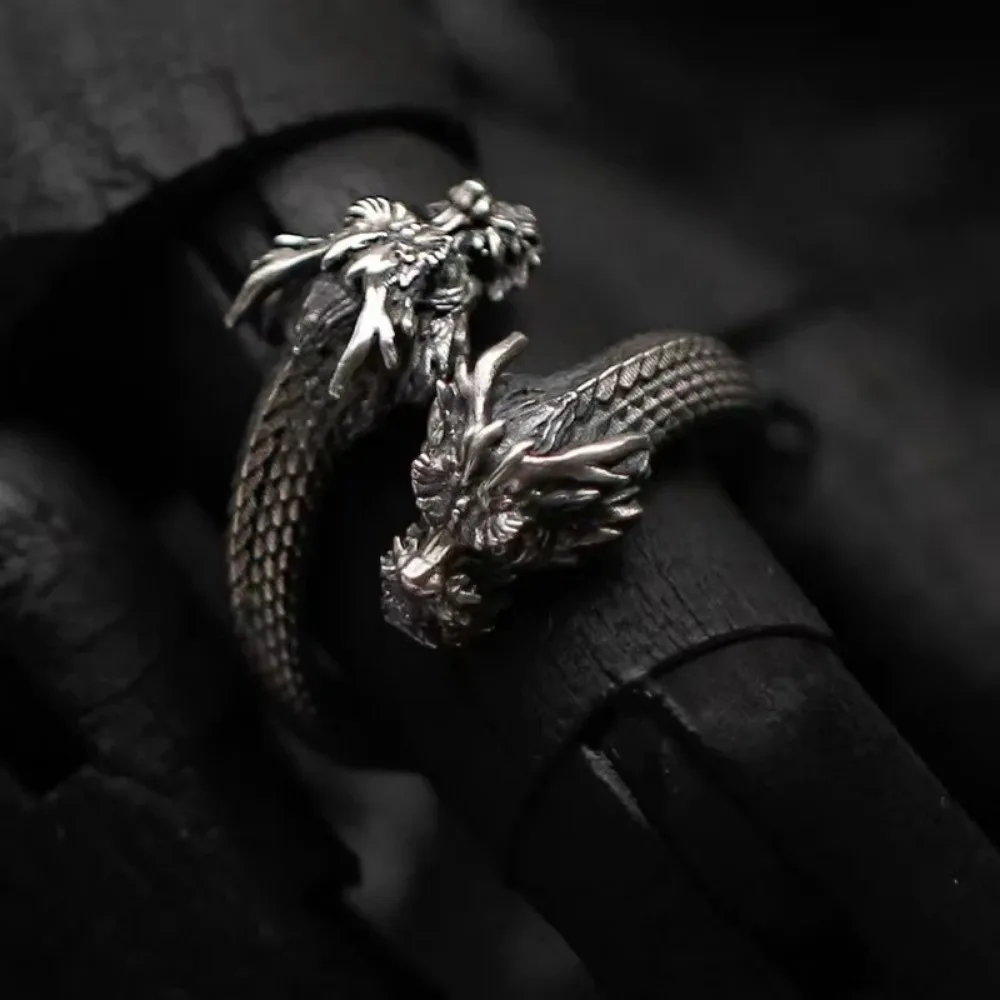 New Personalized Retro Domineering Trend Two-headed Dragon Ring Men Women Punk Adjustable Ring Hip Hop Rock Simple Accessories